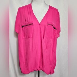 Plus Size Maurices Size 1 Hot Pink Faux Wrap Zipper Pocket Snap Wrap Blouse